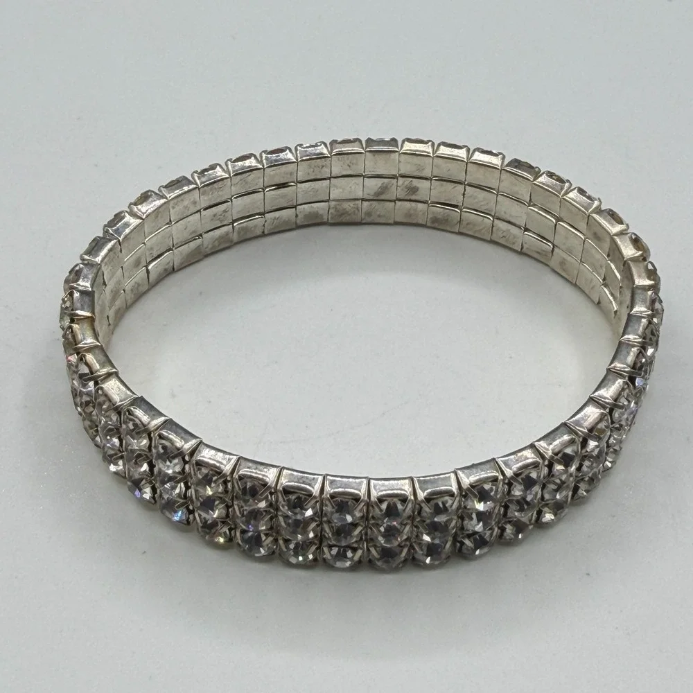3 Row Clear Rhinestone Stretch Bracelet Silver Tone Sparkle Statement Jewelry